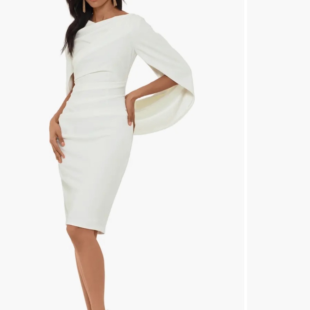 Betsy & Adam White Cape Sleeve Crepe Sheath Dress